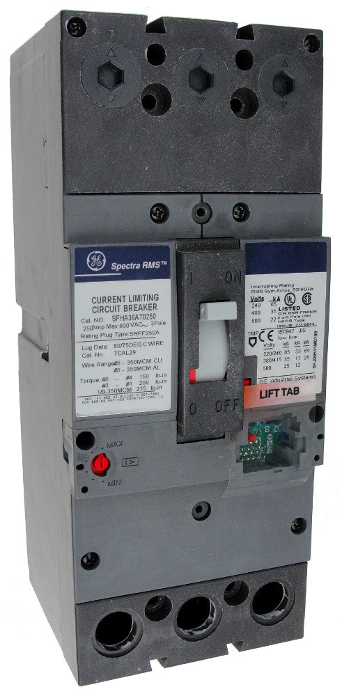 SFHA36AT0250 SF250 Frame Style, Molded Case Circuit Breaker, Thermal Magnetic Non-Interchangeable Trip Unit, 250 Ampere Maximum at 40 Degree Celsius, 3 Pole, 600VAC @ 50/60HZ, Terminals Not Included. New Surplus and Certified Reconditioned with 1 Year Warranty.