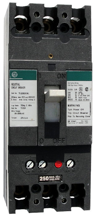 TFJ236110WL TFJ Frame Style, Molded Case Circuit Breaker, Thermal Magnetic Non-interchangeable Trip Unit, 110 Ampere at 40 Degree Celsius, 3 Pole, 600VAC @ 50/60HZ, Line and Load End Terminals Standard. New Surplus and Certified Reconditioned with 1 Year Warranty.