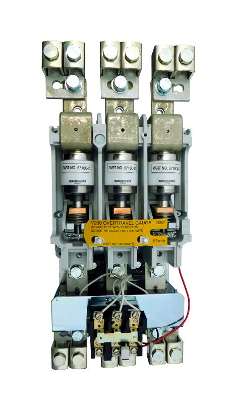 V200MVCH Vacuum Motor Starter, Special Purpose Rated, 540 Amps, 3 Poles, 380/415V AC Coil, Motor Voltage 1500V AC Max, Open Style No Enclosure, Non-Reversing, Max HP Ratings: 150 @ 200VAC, 200 @ 230VAC, 300 @ 380VAC, 400 @ 460VAC, 500 @ 575VAC, 1000 @ 1000VAC, 1250 @ 1500VAC, Line and Load End Terminals Standard. New Surplus and Certified Reconditioned with 1 Year Warranty.