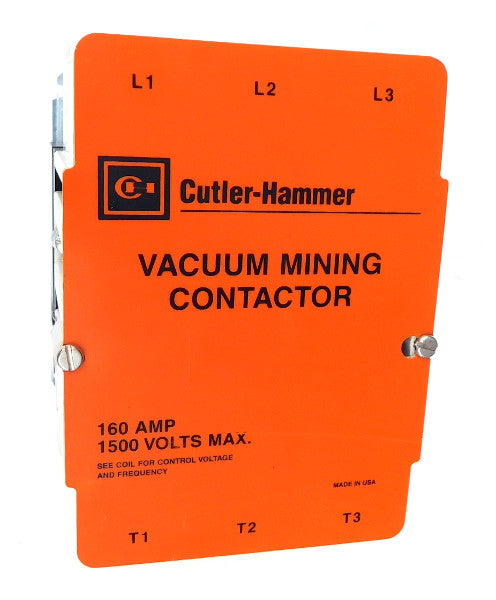 VM160CJZ1 Vacuum Motor Contactor, Mining Rated, 160 Amps, 3 Poles, 110/120V AC Coil, Full Voltage 1500VAC, Open Style No Enclosure, Non-Reversing, Max HP Ratings: 50 @ 200VAC, 60 @ 230VAC, 100 @ 380VAC, 125 @ 460VAC, 150 @ 575VAC, 200 @ 800VAC, 400 @ 1500VAC. New Surplus and Certified Reconditioned with 1 Year Warranty