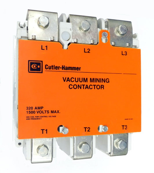 VM320CJZ1 Vacuum Motor Contactor, Mining Rated, 320 Amps, 3 Poles, 110/120V AC Coil, Full Voltage 1500VAC, Open Style No Enclosure, Non-Reversing, No Lugs Standard. New Surplus and Certified Reconditioned with 1 Year Warranty.