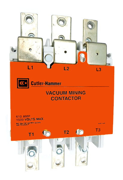 VM610CJZ1 Vacuum Motor Contactor, Mining Rated, 610 Amps, 3 Poles, 110/120V AC Coil, Full Voltage 1500VAC, Open Style No Enclosure, Non-Reversing, No Lugs Standard. New Surplus and Certified Reconditioned with 1 Year Warranty.