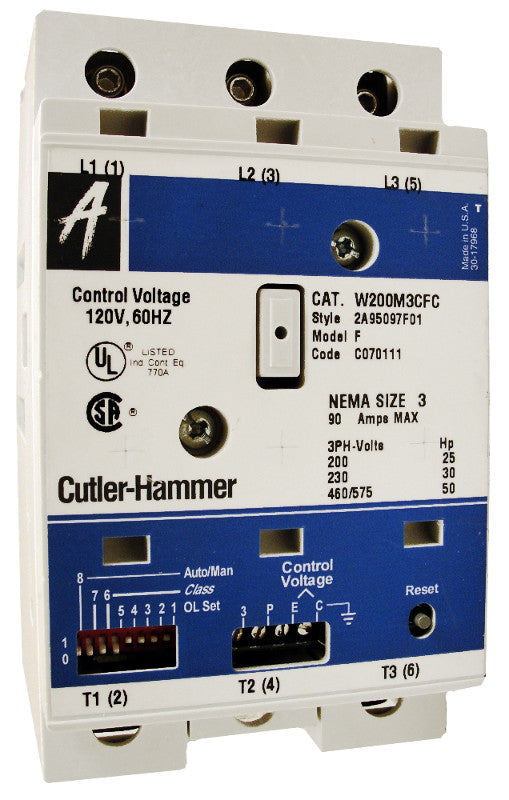 W200M3CFC Magnetic Motor Starter, Nema Size 3, 90 Amps, 3 Poles, Non-Reversing, 120VAC Coil at 60HZ, Full Voltage 600VAC, Overload Protection Standard, Open Style No Enclosure, Across the Line Starting and Stopping, Advantage Series. New Surplus and Certified Reconditioned with 1 Year Warranty.