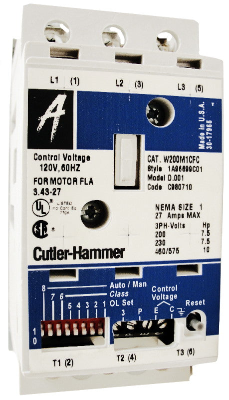W200MLCFC Magnetic Motor Starter, Nema Size 1 Lower Range, 3 Poles, Non-Reversing, 120VAC Coil at 60HZ, Full Voltage 600VAC, Overload Protection Standard, Open Style No Enclosure, Across the Line Starting and Stopping, Advantage Series. New Surplus and Certified Reconditioned with 1 Year Warranty.