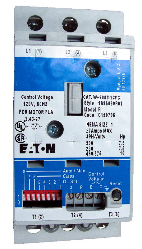 W+200MLCFC W200 Class Type, Magnetic Motor Starter, Nema Size 1 Lower Range, 3 Poles, Non-Reversing, 120VAC Coil at 60HZ, Full Voltage 600VAC, Overload Protection Standard, Open Style No Enclosure, Across the Line Starting and Stopping, Advantage Enhanced Series. New Surplus and Certified Reconditioned with 1 Year Warranty.