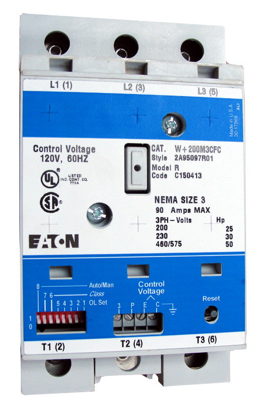 W+200M3CFC W+200 Class Type, Magnetic Motor Starter, Nema Size 3, 90 Amps, 3 Poles, Non-Reversing, 120VAC Coil at 60HZ, Full Voltage 600VAC, Overload Protection Standard, Open Style No Enclosure, Across the Line Starting and Stopping, Advantage Enhanced Series. New Surplus and Certified Reconditioned with 1 Year Warranty.